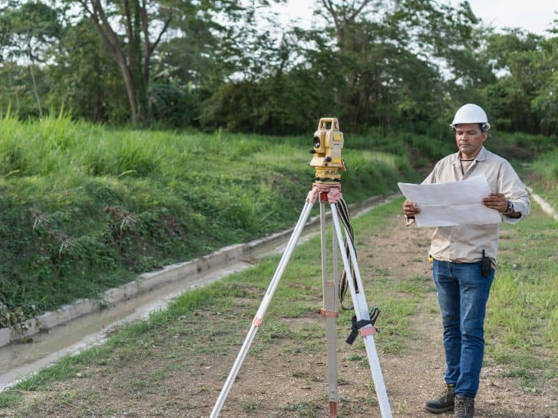 2026 alta survey field verification | Jacksonville Land Surveying Land surveyor using total station equipment to verify property data for a 2026 ALTA survey in the field