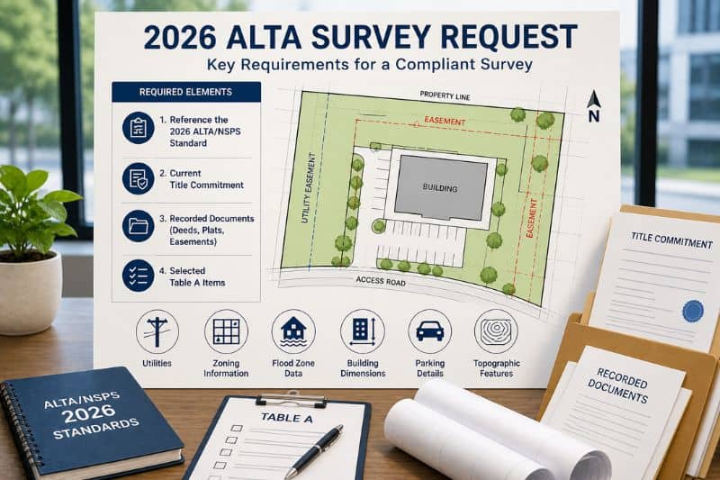 2026 alta survey request checklist documents table a | Jacksonville Land Surveying Infographic showing 2026 ALTA survey request requirements including title commitment, recorded documents, Table A items, and property survey map