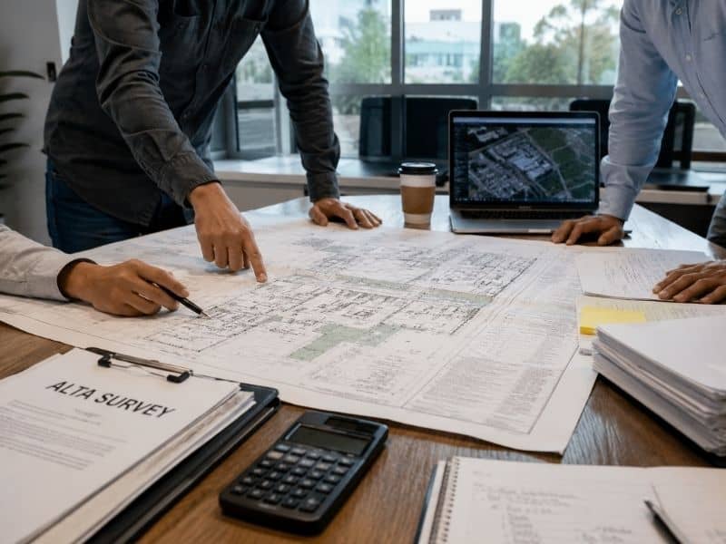 Commercial real estate team reviewing an ALTA survey and property plans before closing a deal