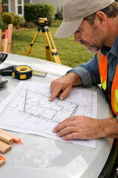 Land surveyor reviewing a property boundary survey plat map beside a residential home