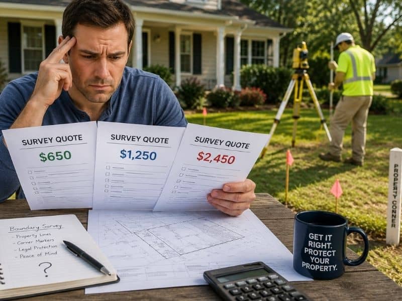 Homeowner comparing different boundary survey quotes while a land surveyor works near property markers outside a suburban home