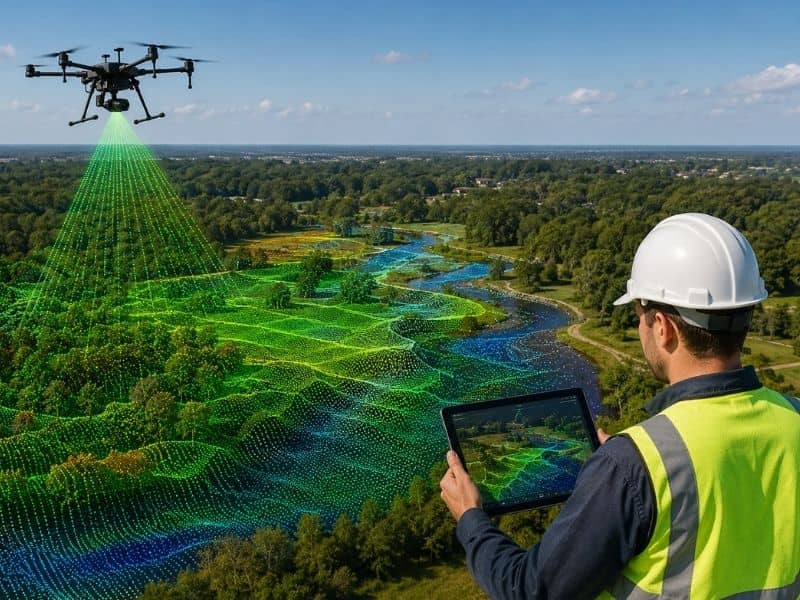 Survey drone using LiDAR mapping technology to scan wooded land and wetlands for elevation and flood analysis