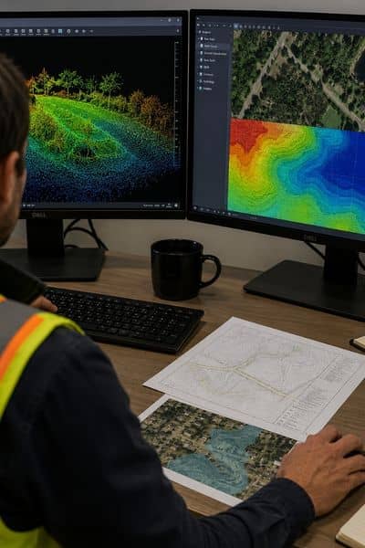 Surveyor reviewing LiDAR point cloud data and elevation maps at a workstation during land survey analysis