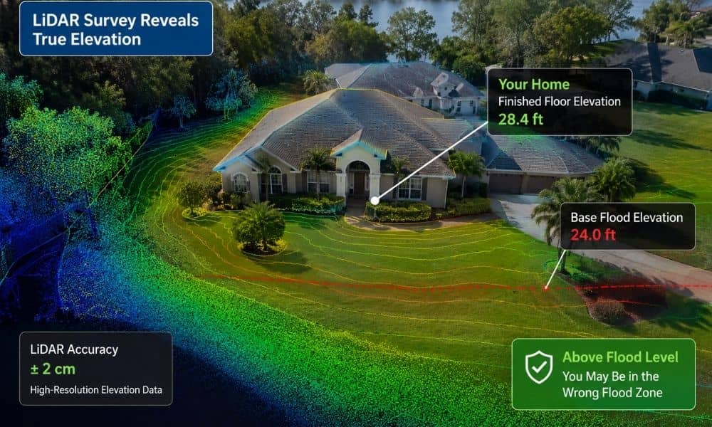 Aerial view of a residential property with LiDAR elevation mapping used to verify flood zone accuracy