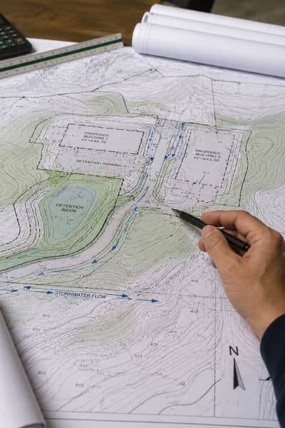 Surveying companies reviewing topographic survey data and drainage planning for commercial site development