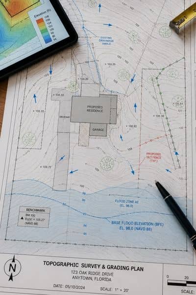 Topographic survey grading plan | Jacksonville Land Surveying Printed topographic survey and grading plan showing contour lines, drainage arrows, and flood elevation notes on a desk