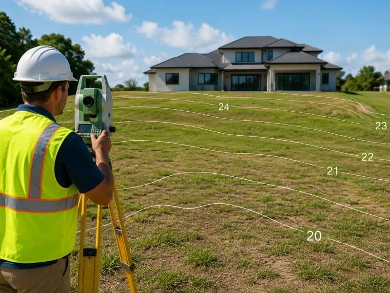 Surveyor mapping elevation changes on a residential property for a topographic survey