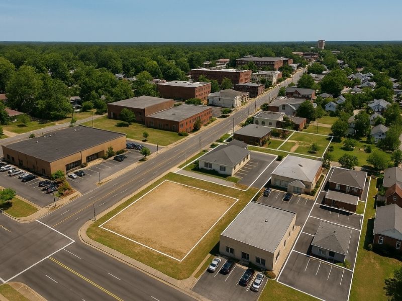 Aerial view of a commercial property showing building locations, parking areas, and site features documented in an ALTA Land Survey