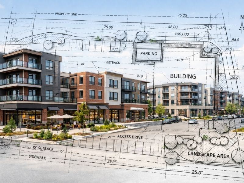 Completed commercial development with an as-built survey overlay showing building locations, parking areas, setbacks, and site improvements