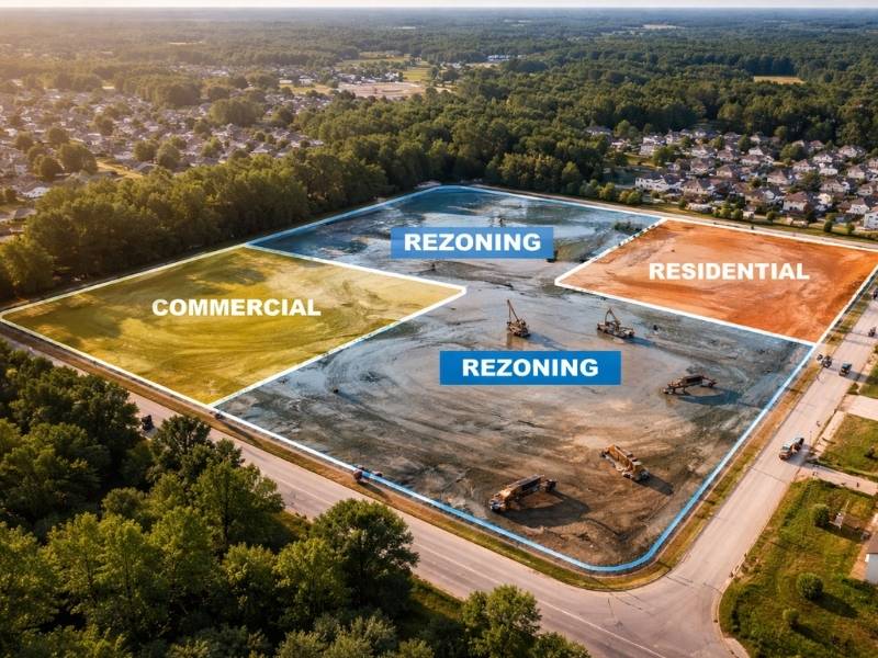 Aerial view showing residential and commercial areas in Jacksonville with rezoning sections outlined, illustrating why a boundary survey matters before neighborhood development and zoning changes.
