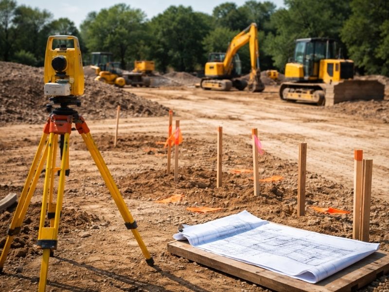 Construction surveyor site staking project layout | Jacksonville Land Surveying Construction survey equipment and site staking markers used to establish building locations and grading targets on a development project