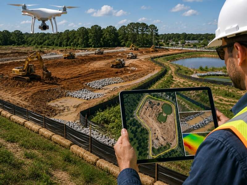 Drone mapping services erosion control tracking | Jacksonville Land Surveying Drone mapping survey monitoring erosion control measures and site grading on a commercial construction project with aerial imagery and sediment barriers