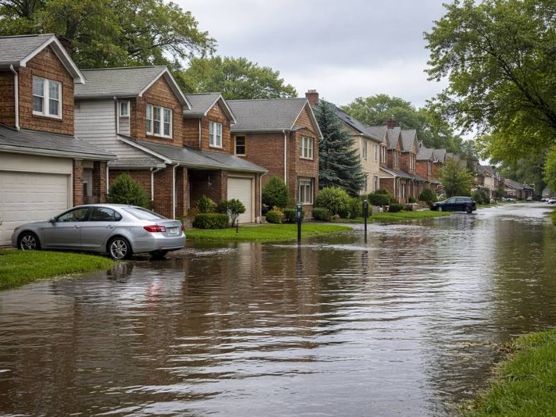 Elevation certificate before buying property in flood prone areas | Jacksonville Land Surveying Residential neighborhood street flooding after heavy rain, illustrating why an elevation certificate can help buyers avoid costly flood insurance surprises.