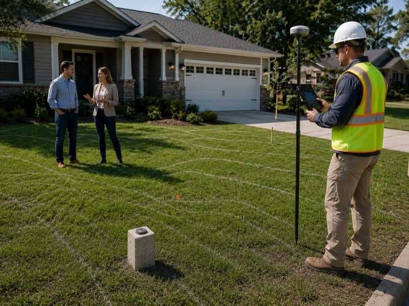Why an elevation certificate sometimes becomes urgent right before closing is illustrated by a surveyor collecting elevation data while buyers discuss the property.