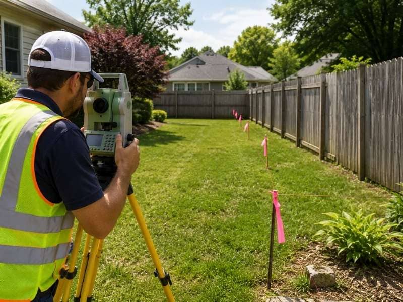 Find property lines before neighbor builds fence | Jacksonville Land Surveying Land surveyor helping homeowners find property lines before a neighbor builds a fence by marking the legal boundary with survey stakes.
