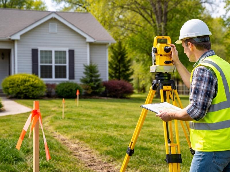 Land surveyor measuring residential property boundary | Jacksonville Land Surveying Land surveyor in a safety vest and hard hat using surveying equipment to measure a residential property boundary in a suburban neighborhood.