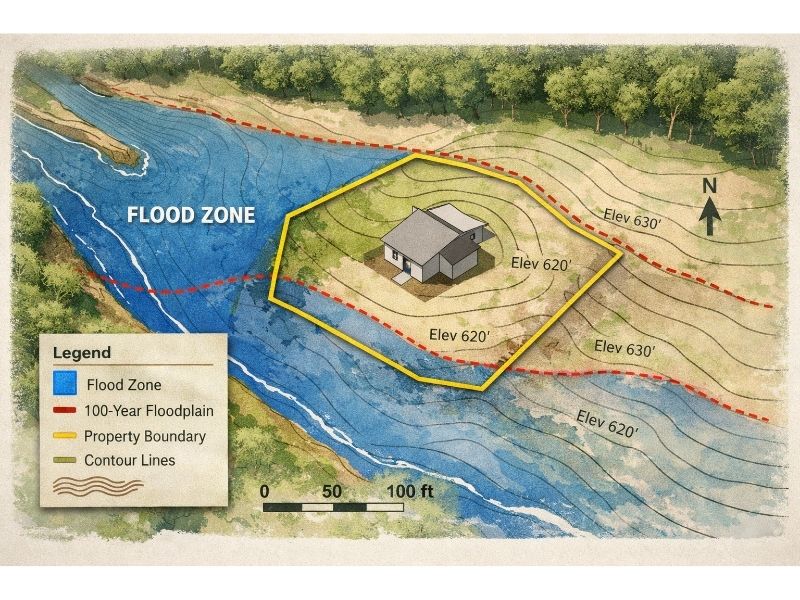 LiDAR-based flood risk map showing property boundaries, contour lines, elevation data, and nearby flood zones