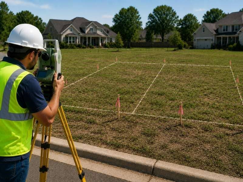 Property survey of a residential lot using a total station before a lot split to verify boundaries, frontage, and legal parcel dimensions.