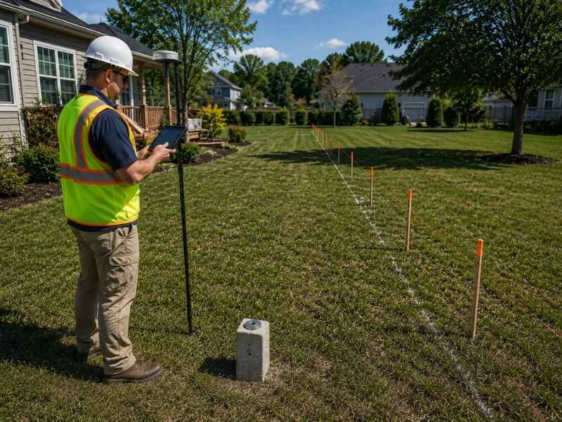Surveyor for fence projects property line marking | Jacksonville Land Surveying Surveyor for fence projects marking the property line with stakes before fence installation in a residential backyard.