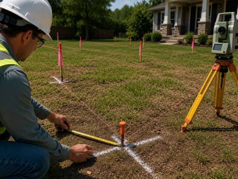 Land surveyor inspecting boundary markers and existing property lines to determine how long a property survey stays valid.