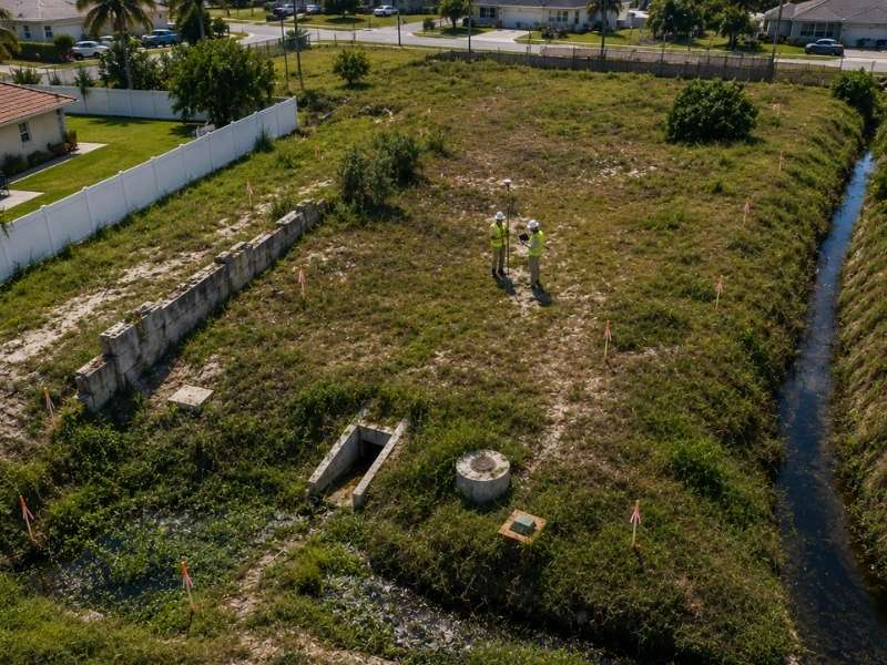 Aerial view of a vacant development parcel in Jacksonville, Florida, showing drainage channels, utility features, and survey markers that can reveal hidden site risks during a due diligence survey.
