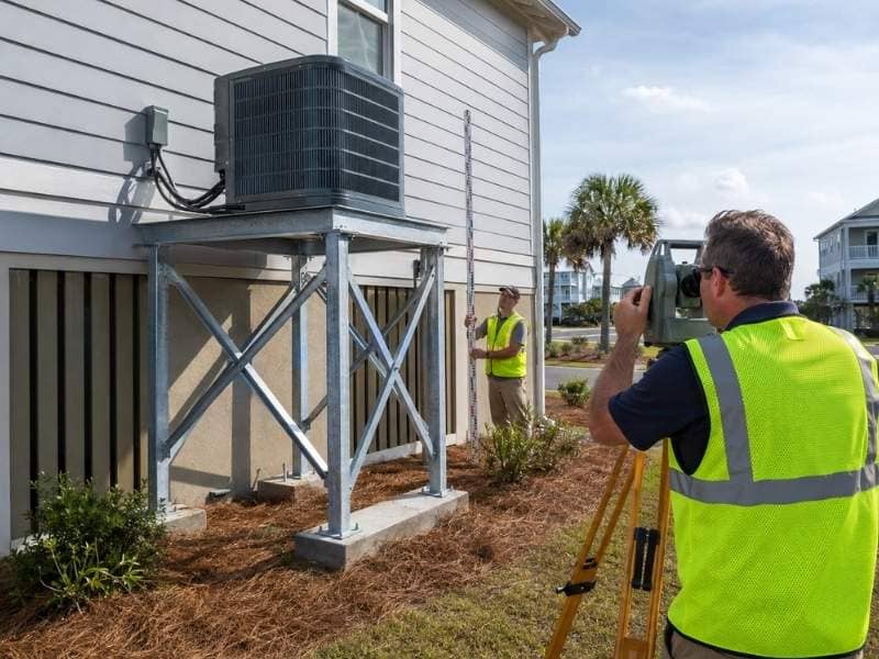 Surveyor completing Elevation Certificate Updates after HVAC equipment was raised on a flood-resistant metal platform