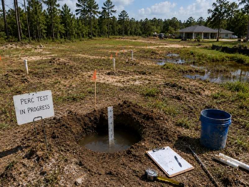 Percolation test pit with standing water and soil testing equipment on a residential development site in Jacksonville, Florida.