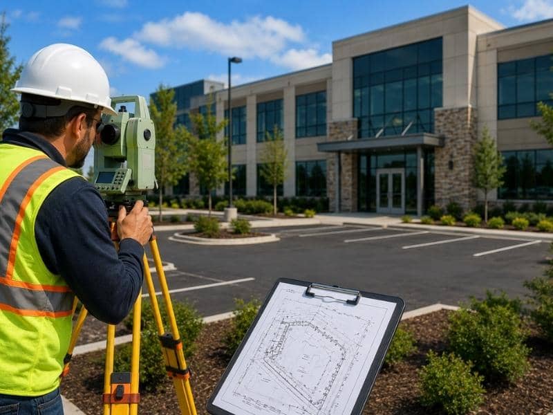 ALTA land survey in progress at a commercial property with a surveyor using a total station during fieldwork
