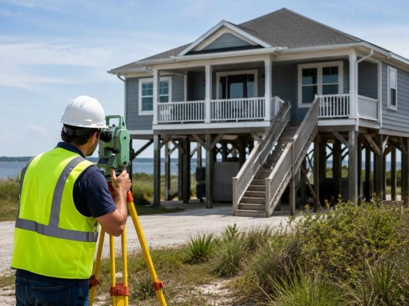 Elevation certificate survey showing a surveyor measuring an elevated home in a flood prone area
