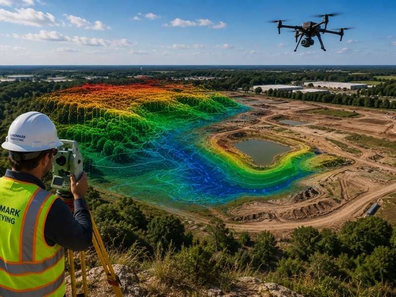 LiDAR mapping of a large development site showing terrain data used for stormwater planning and drainage analysis