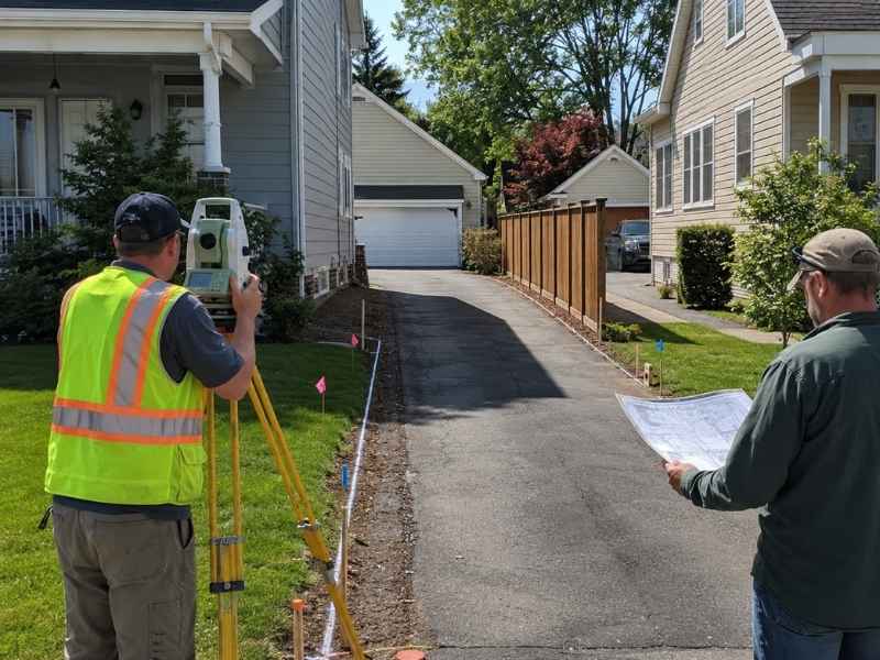 Property survey companies near me checking a shared driveway boundary between neighboring homes in Jacksonville, Florida.

