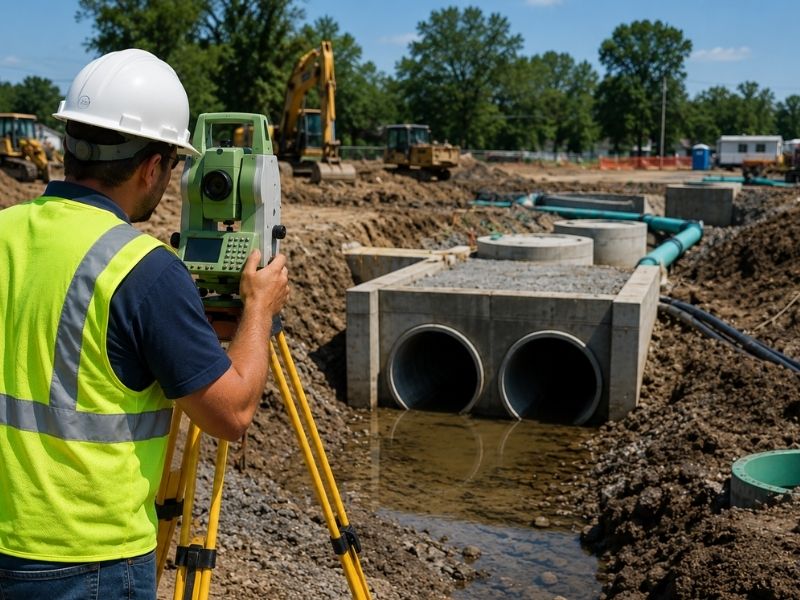 Surveyor documenting completed as built surveys for stormwater drainage and utility work with a total station at a construction site.