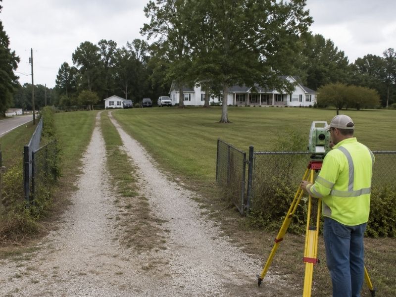 Surveyor measuring a flag-shaped residential lot in Jacksonville with a narrow access strip and wider rear parcel