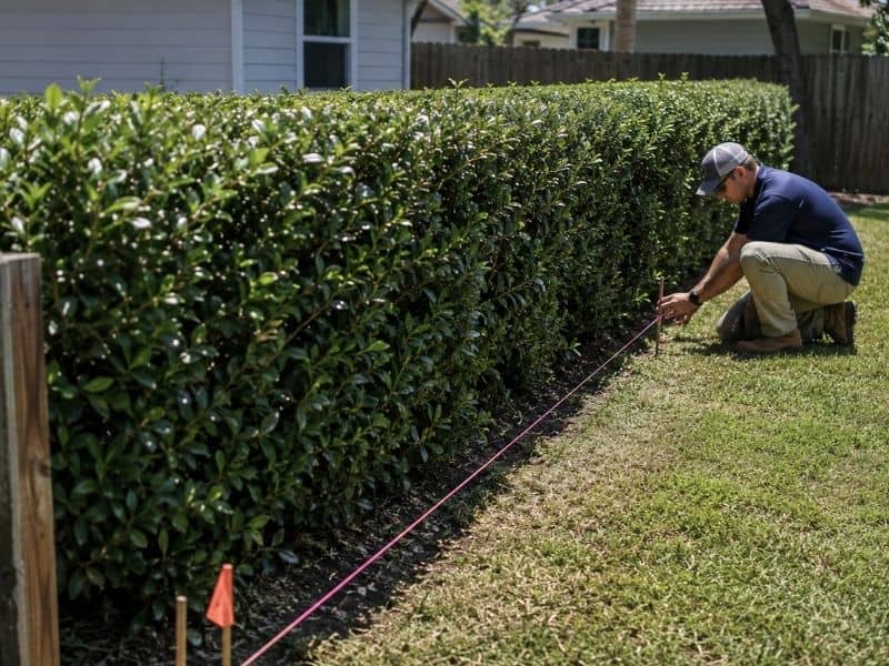 _find-property-lines-before-removing-shared-hedge-jacksonville-fl | Jacksonville Land Surveying Survey professional checking a property boundary beside a shared hedge before removal in Jacksonville, FL.