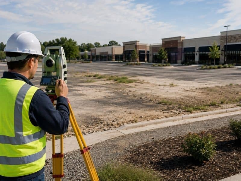 Land surveyor using a total station at a multi-parcel commercial redevelopment site in Jacksonville, FL.