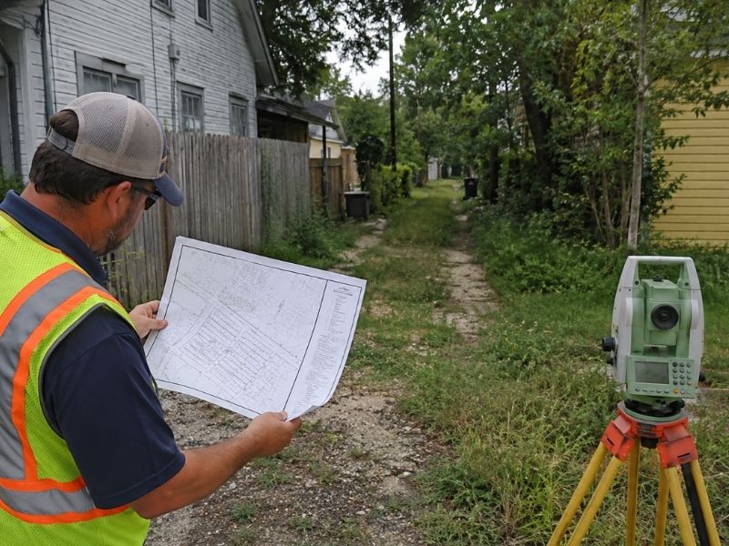 plat-of-survey-unrecorded-alley-lane-surveyor | Jacksonville Land Surveying Surveyor examining a plat of survey beside an overgrown alley in an older residential neighborhood.