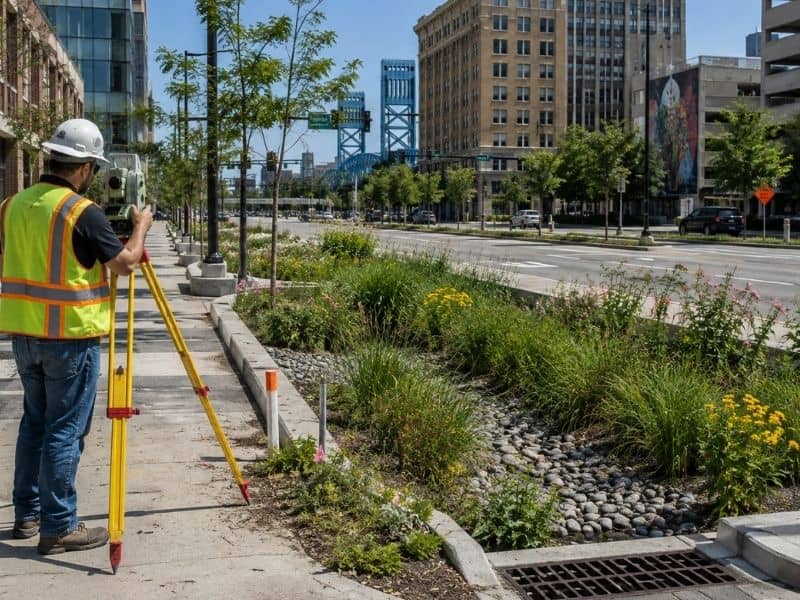 Surveyor conducts Topographic survey for green infrastructure improvements in downtown Jacksonville, Florida