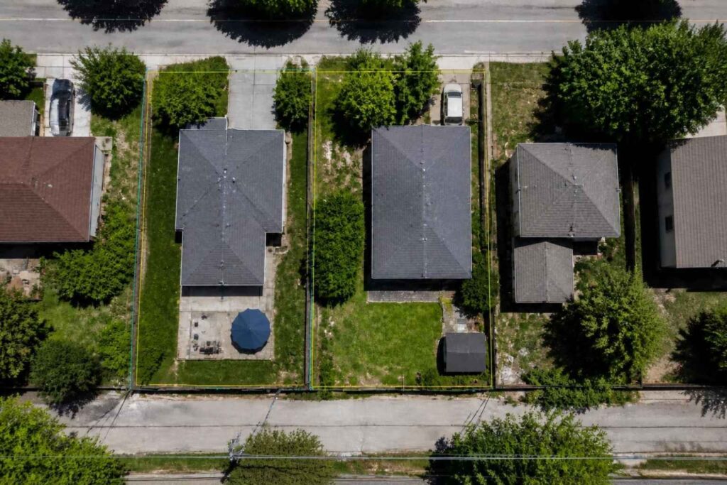 Aerial view of adjoining residential lots in Jacksonville Florida showing property boundaries and parcel layout before combining lots with a plat of survey